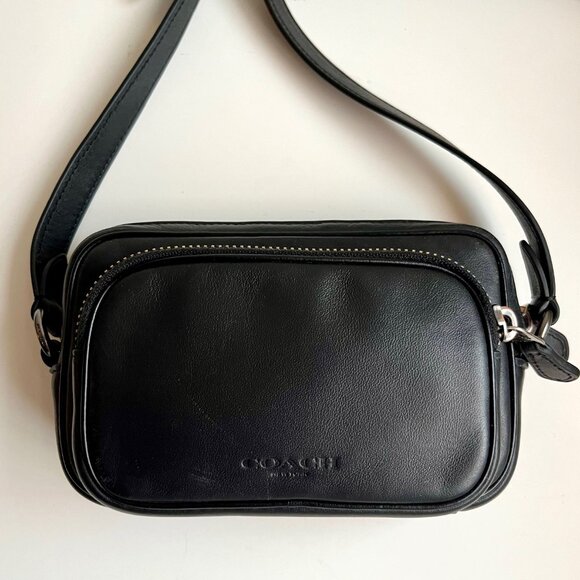 Restored Coach Mini Edge Double Pouch Crossbody Bag in Smooth Black Leather - Picture 1 of 12